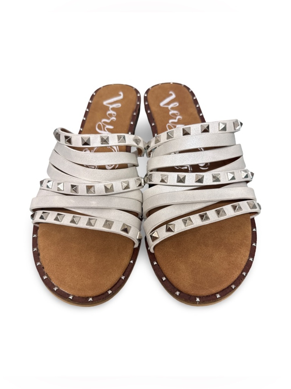 Very G White Studded Multi-Strap Slide Sandals Women’s 7.5